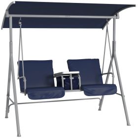 Outsunny Porch Swing 2 Person with Stand, Outdoor, Dark Blue, Canopy, Cup Holders, Cushions for Patio Backyard