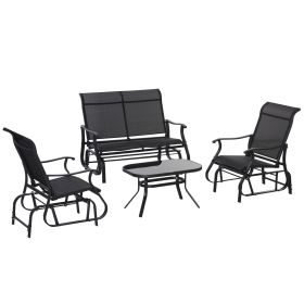 Outsunny 4-Piece Patio Conversation Set, 2-Person Glider, Sling Chair & Glass Table, Outdoor Furniture for Lawn, Black