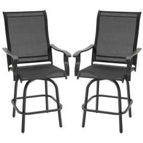 Outsunny Set of 2 Outdoor Swivel Bar Stools with Armrests, Bar Height Patio Chairs with Steel Frame for Balcony, Poolside, Backyard, Black