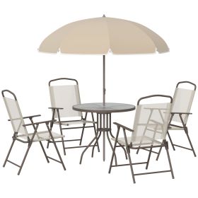 Outsunny 6-Piece Patio Dining Set with Umbrella, Folding Chairs & Glass Table, Beige - Outdoor Meal Setup