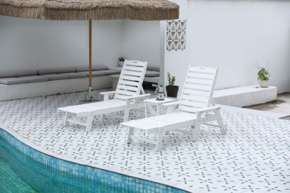 Lounge Chair with Side Table, 3-Piece Oversized Chaise Lounge Chair Setwith Wood Texture,White, All Weather Patio Lounge Chair with 5 Positions