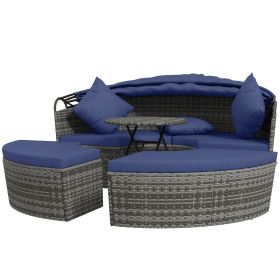Outsunny 4 Piece Round Rattan Daybed Furniture Set, Canopy, Outdoor Sofa, 2 Chairs, Extending Table Ottoman Chair, Pillows, Blue