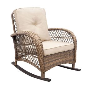 Outdoor Wicker Rocking Chair; Patio Rattan Rocker Chair with Soft Cushions and Steel Frame; Khaki