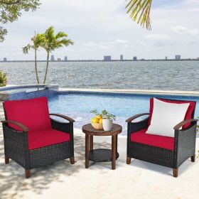 3 Pieces Patio Rattan Furniture Set with Washable Cushion and Acacia Wood Tabletop (Color: Red)
