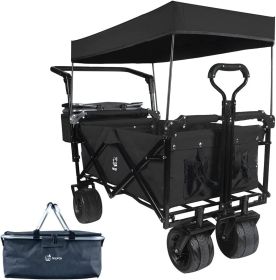 Collapsible Wagon Heavy Duty Folding Wagon Cart with Removable Canopy, 4" Wide Large All Terrain Wheels, Brake, Adjustable Handles (Color: Black)