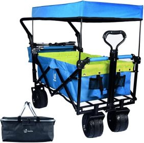 Collapsible Wagon Heavy Duty Folding Wagon Cart with Removable Canopy, 4" Wide Large All Terrain Wheels, Brake, Adjustable Handles (Color: Green)