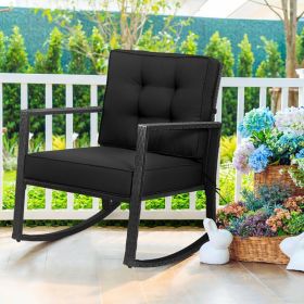 Patio Rattan Rocker Outdoor Glider Rocking Chair Cushion Lawn (Color: Black)