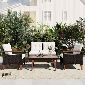 GO 4-Piece Garden Furniture, Patio Seating Set, PE Rattan Outdoor Sofa Set, Wood Table and Legs, Brown and Beige (Color: as Pic)